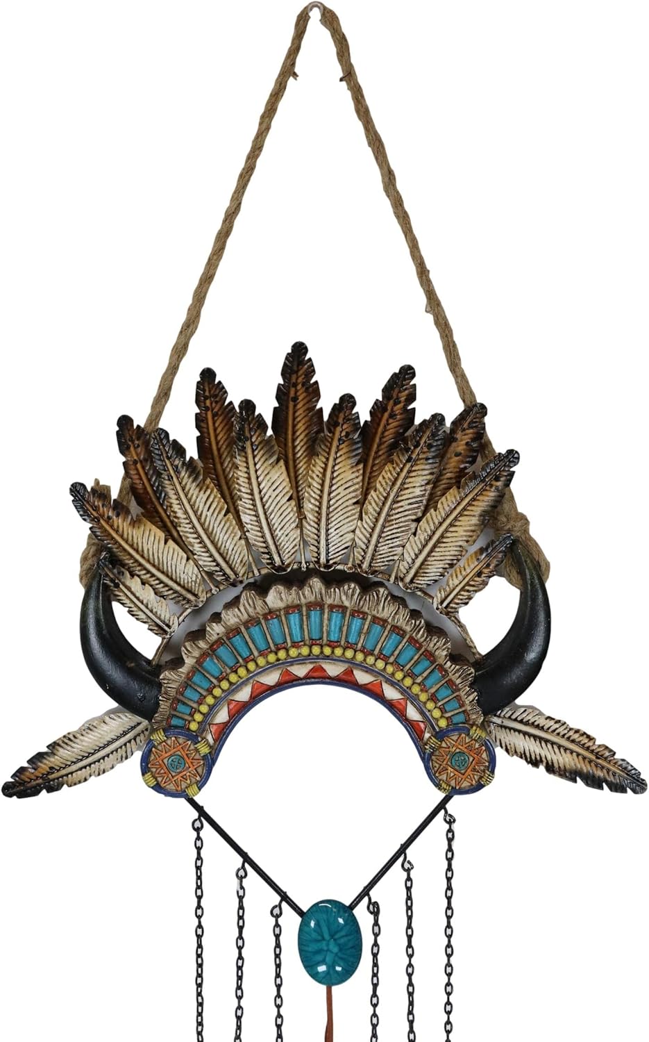 Ebros Gift Rustic Southwest Boho Chic Indian Chief Headdress with Feathers and Colorful Beads Turquoise Rock Decorative Wind Chime Garden Patio Hanging Mobile Figurine Southwestern Accent