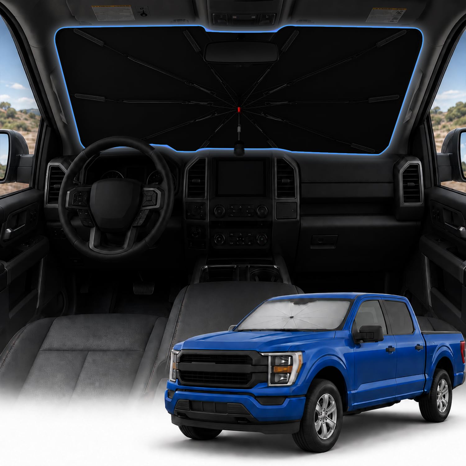 Photo 1 of [2026 Upgrade] Purehorizon Truck Windshield Sun Shade Umbrella, 61" x 33" for Full-Size Pickups, Fits Select F-150/RAM/Tundra/Sierra, UPF 80+ Blackout Fabric, 10-Rib Frame, 360° Handle
