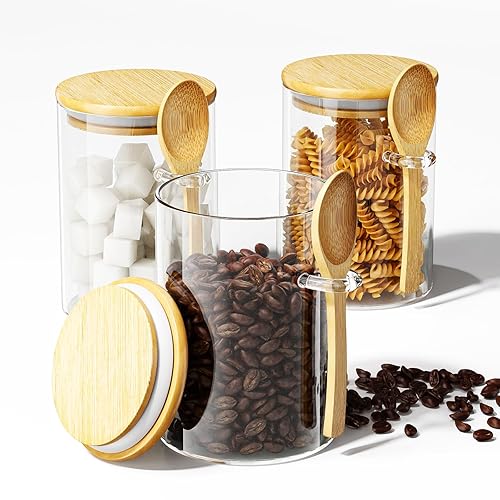 KOIKEY Coffee Sugar Container Salts Jars - 15oz Glass Airtight Caning with Bamboo Lids and Spoons Scoop, Storage Overnight Oats, Spice, Creamer, Food Organizer, Set of 3 - 3 Pcs
