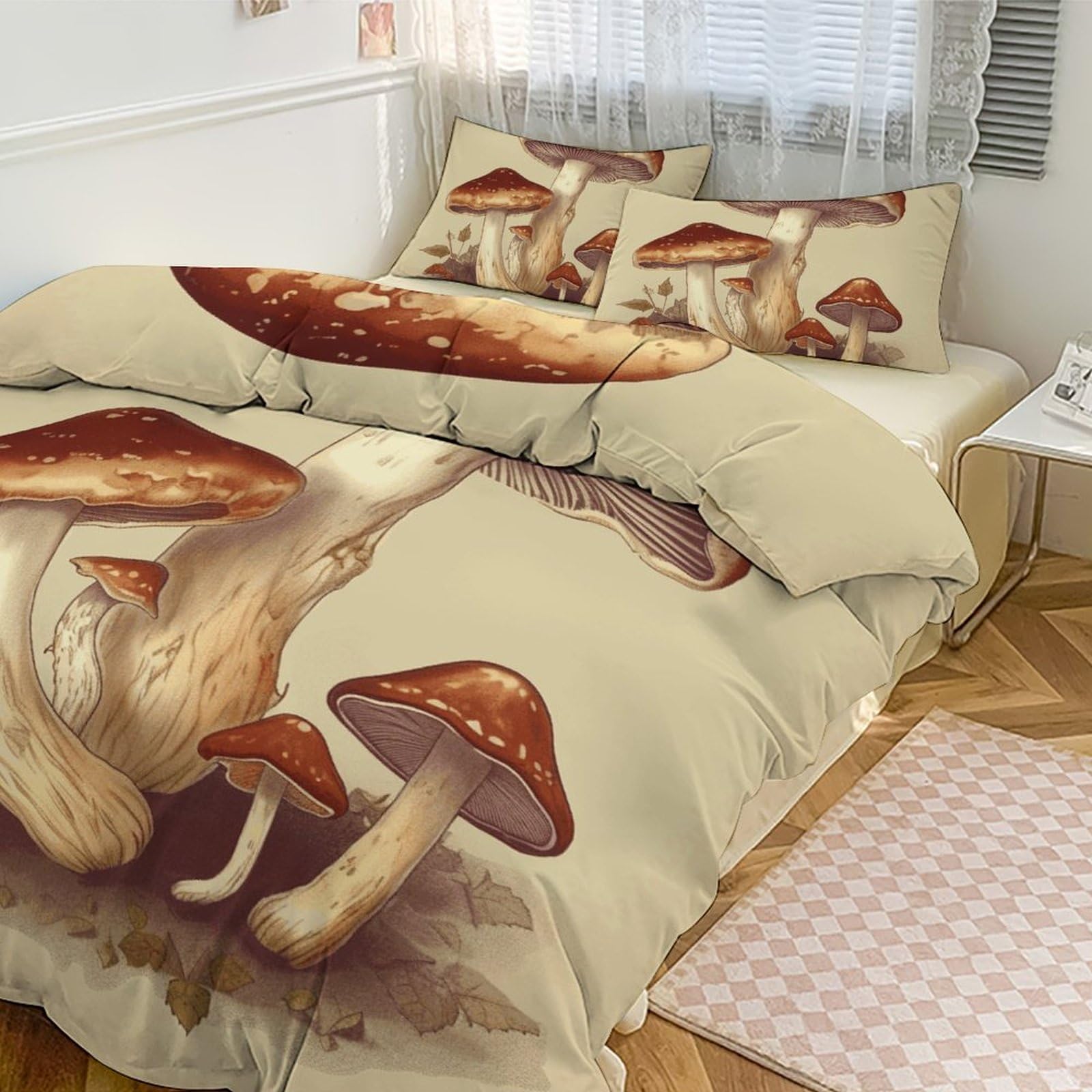 Couette grand lit champignons vintage et parure de lit 3 pièces coton