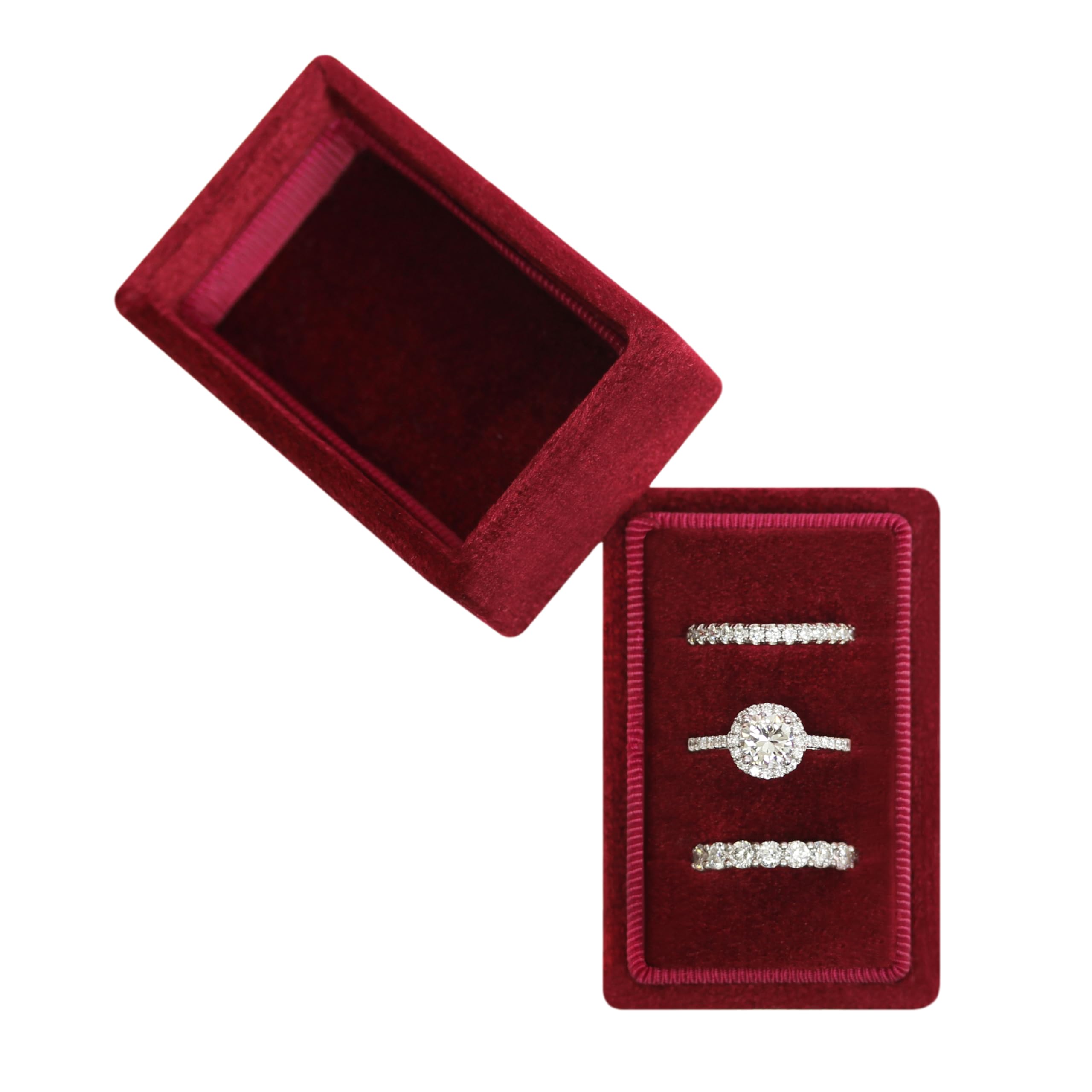 BLUTETE Rectangle 3 Slots Italian Velvet Jewelry Box Engagement Wedding Photo Ring Box Keepsake Box Triple Ring Gift Box (Red)