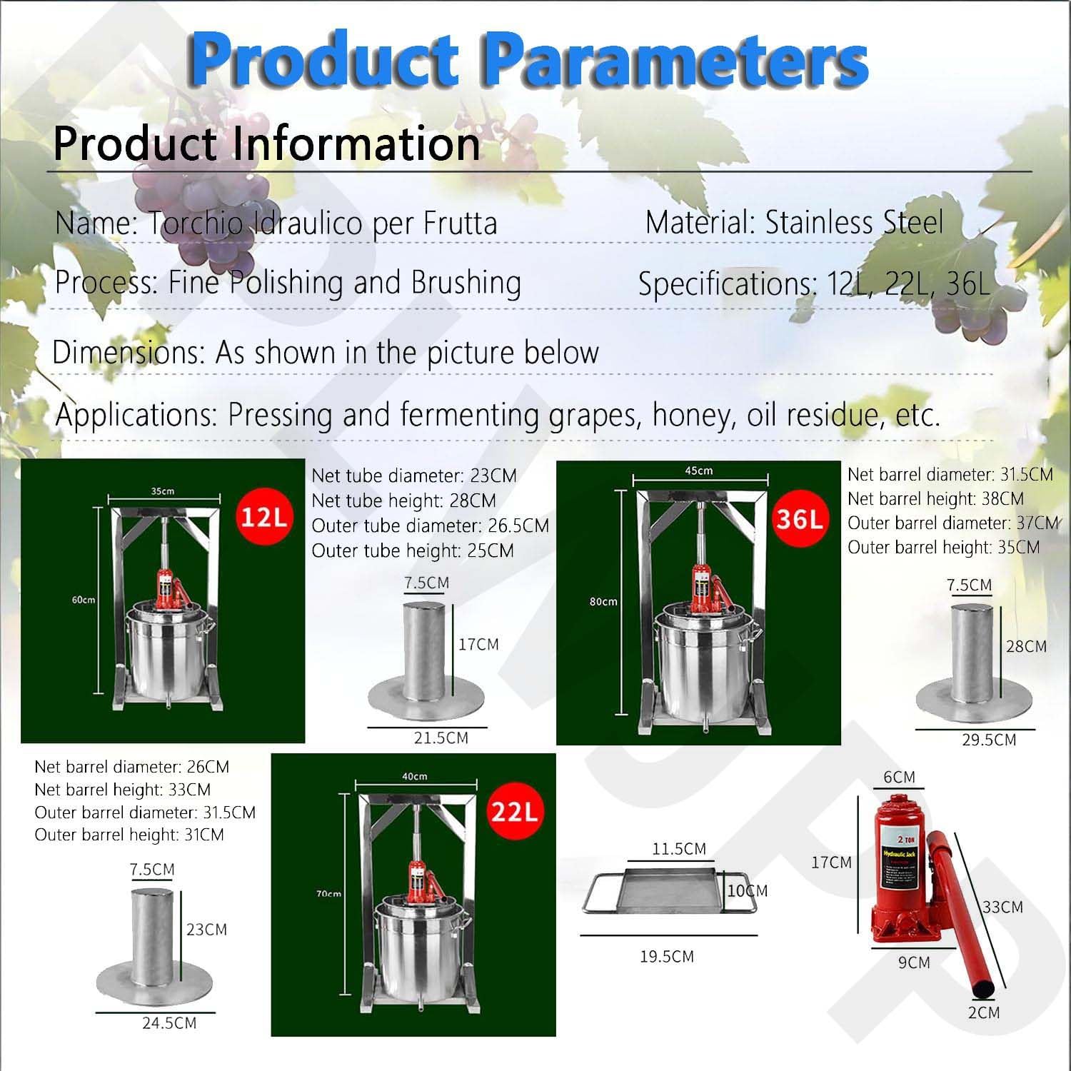 Manuelle hydraulische Obstpresse aus Edelstahl, 22 l Fassungsvermögen für Apfelwein und Weinherstellungszubehör