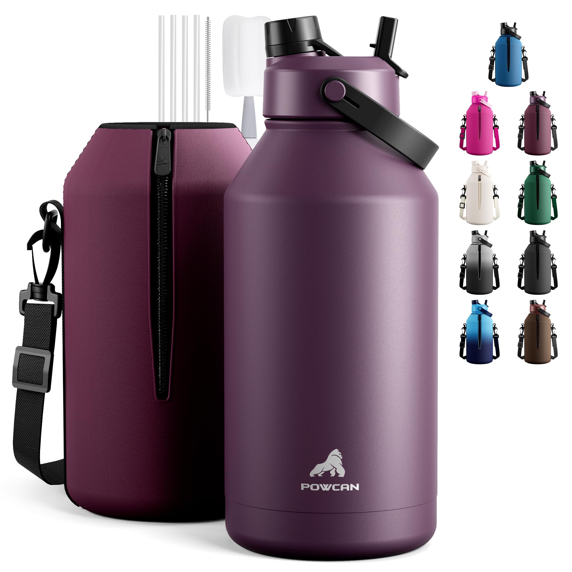 POWCAN 64 oz Insulated Water Bottle with 2-in-1 Straw & Spout Lid, Leakproof, Top Handle, Keep Cold 48H, BPA-Free, Brush, Metal Water Bottle with Carrier Bag for Work, Sports, Travel and Gym (Plum)