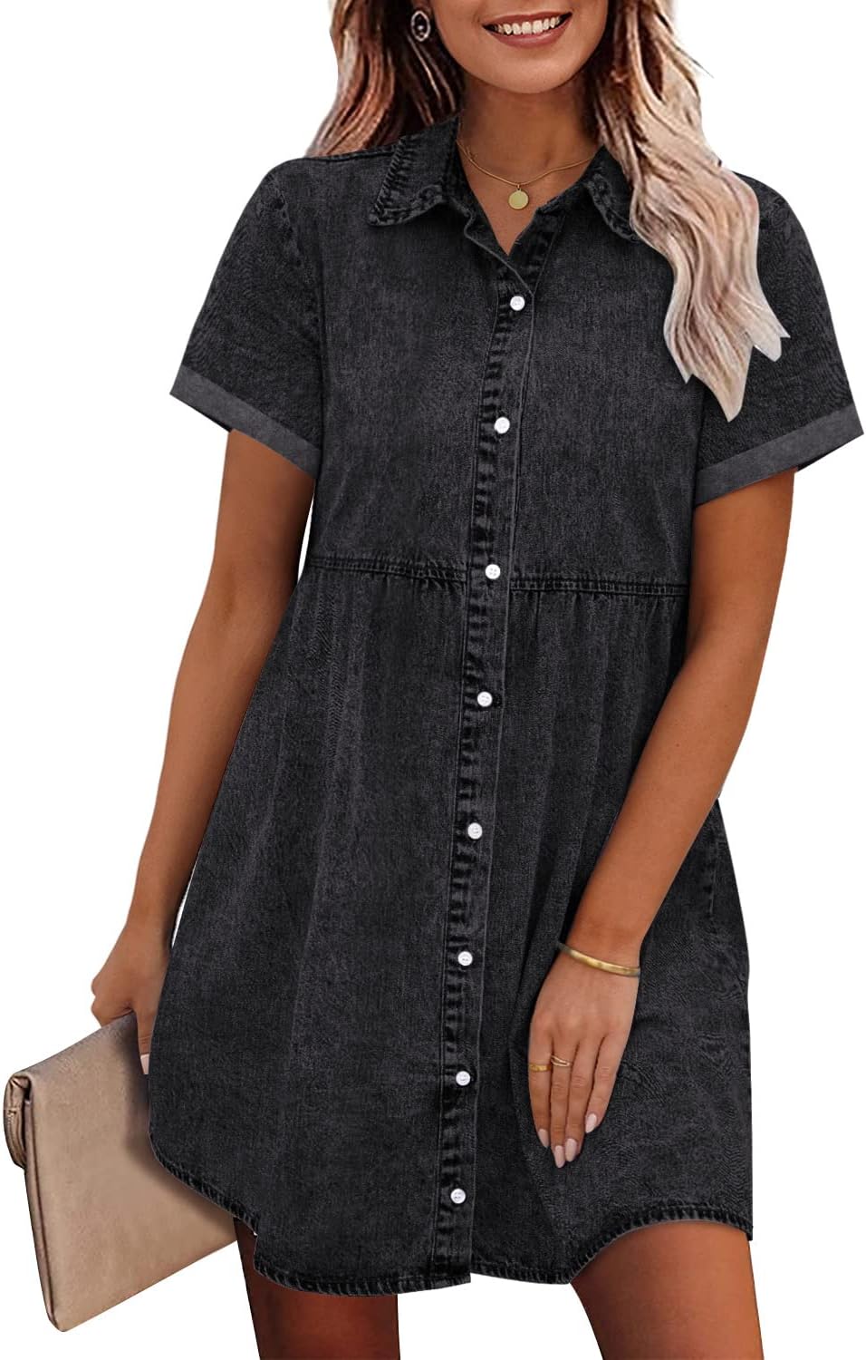 Denim Dress for Women Babydoll Tiered Short Sleeve Button Down Jean Shirt Dresses