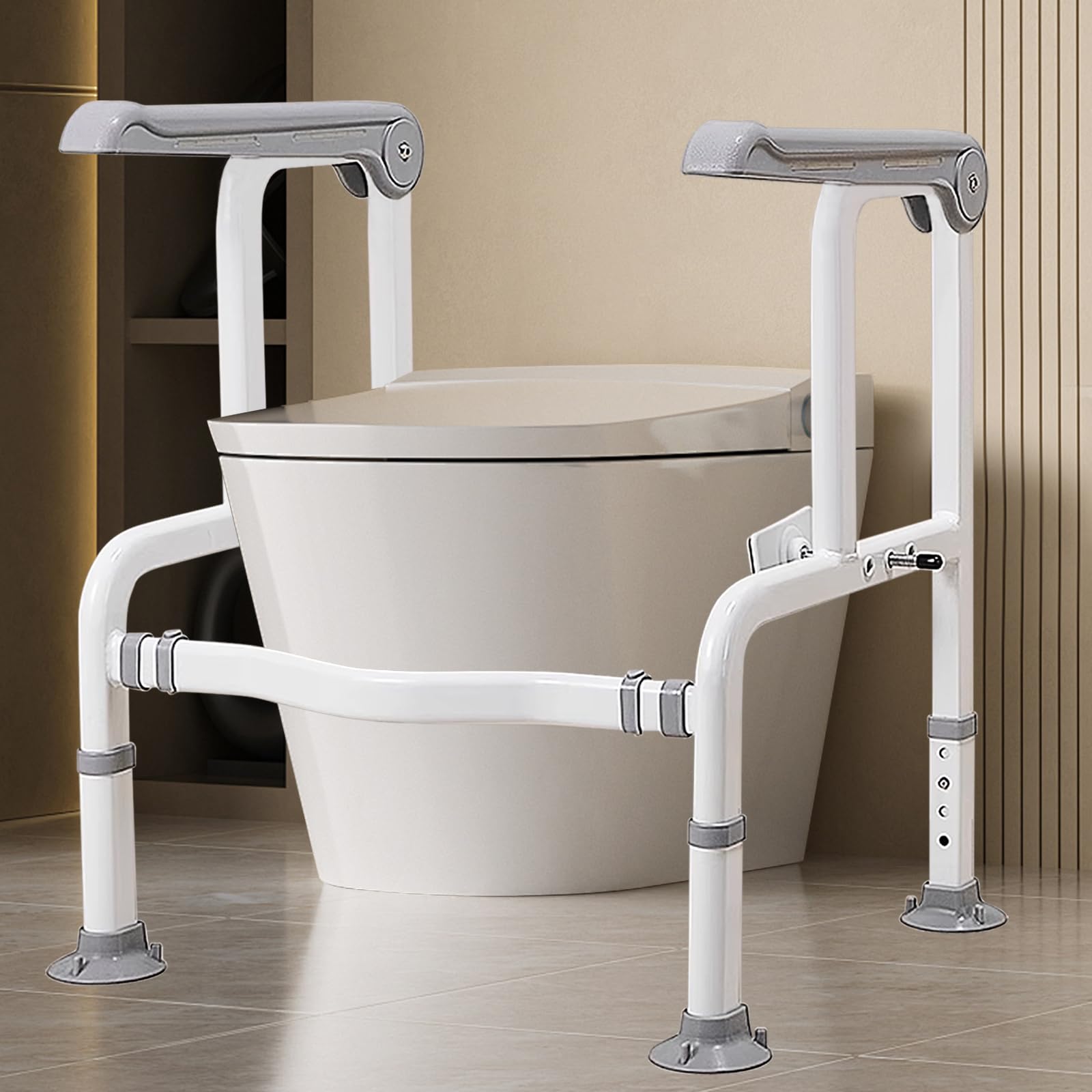 Supporto per WC Regolabile in Altezza – Telaio di Sicurezza Pieghevole con Braccioli per Anziani/disabili, Senza fori e Salvaspazio