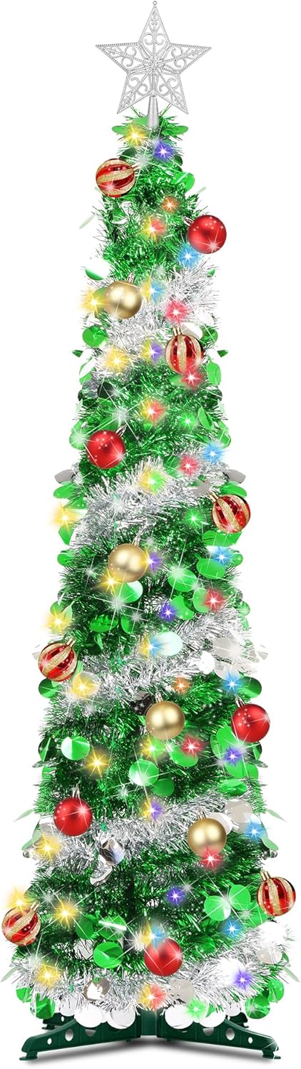 5 Feet Pop Up Christmas Tinsel Tree with Timer Warm White & Multi Color Change Lights Battery Operated Pop Up Pencil Tree with 15 Ball Ornaments & Star Xmas Home Indoor Holiday Decor (Green Silver)