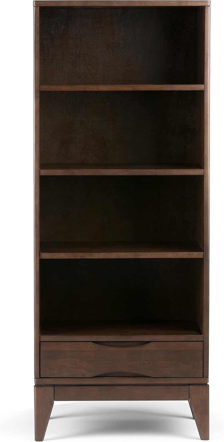 SIMPLIHOME Harper Bookcase - 60 inch Tall Solid Wood Storage Bookshelf in Walnut Brown, Mid-Century Modern Storage for Living Room, Study Room or Office with Open Shelves and Tapered Legs