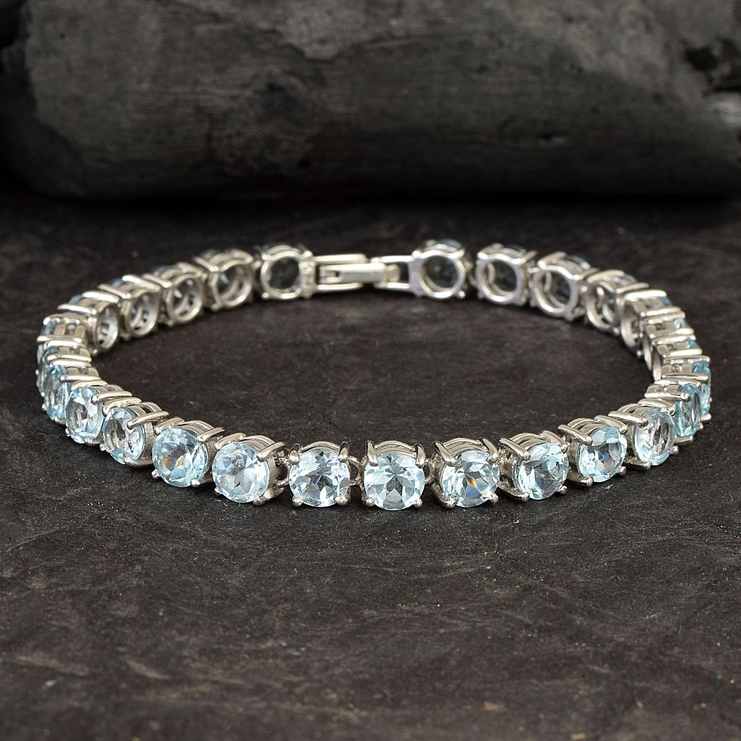 Pulsera de tenis de topacio azul para mujer, piedra natal de diciembre, piedra preciosa azul facetada redonda, plata de ley 925, chapada en rodio blanco, cierre de caja, joyería