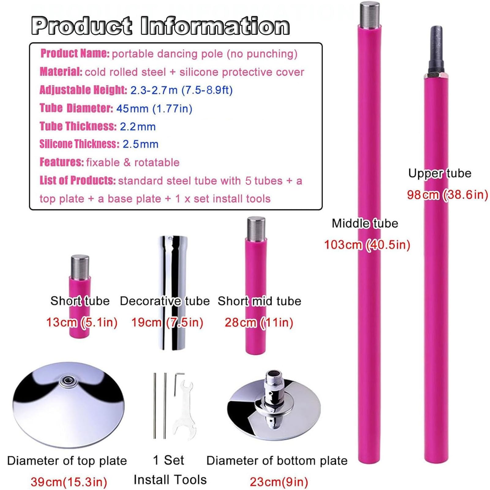 Home Dance Pole - Bastone rotante a 360° e funzione statica con tubo di prolunga, portatile, 45 mm, in silicone, per camera da letto e studio fitness