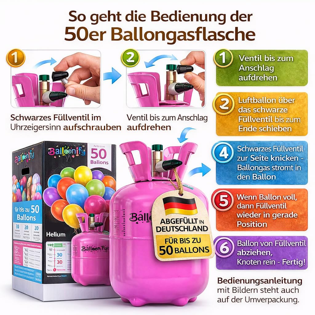 Helium-Flasche für ca. 50 Luftballons Folienballons Ballongas 400 Liter (0,40 m³) Helium Ballongas