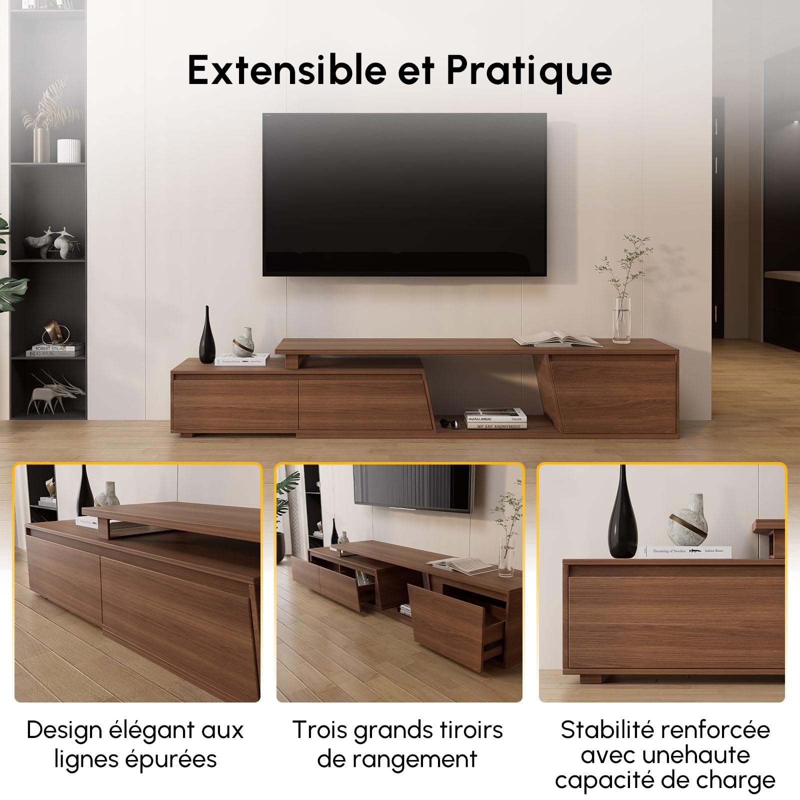 Homary Meuble TV Extensible Bois Noyer 180-280cm Longueur avec 3 Tiroirs Spacieux, MDF Écologique, Rangement Ouvert, Design Moderne pour Salon, Installation à Gauche/Droite