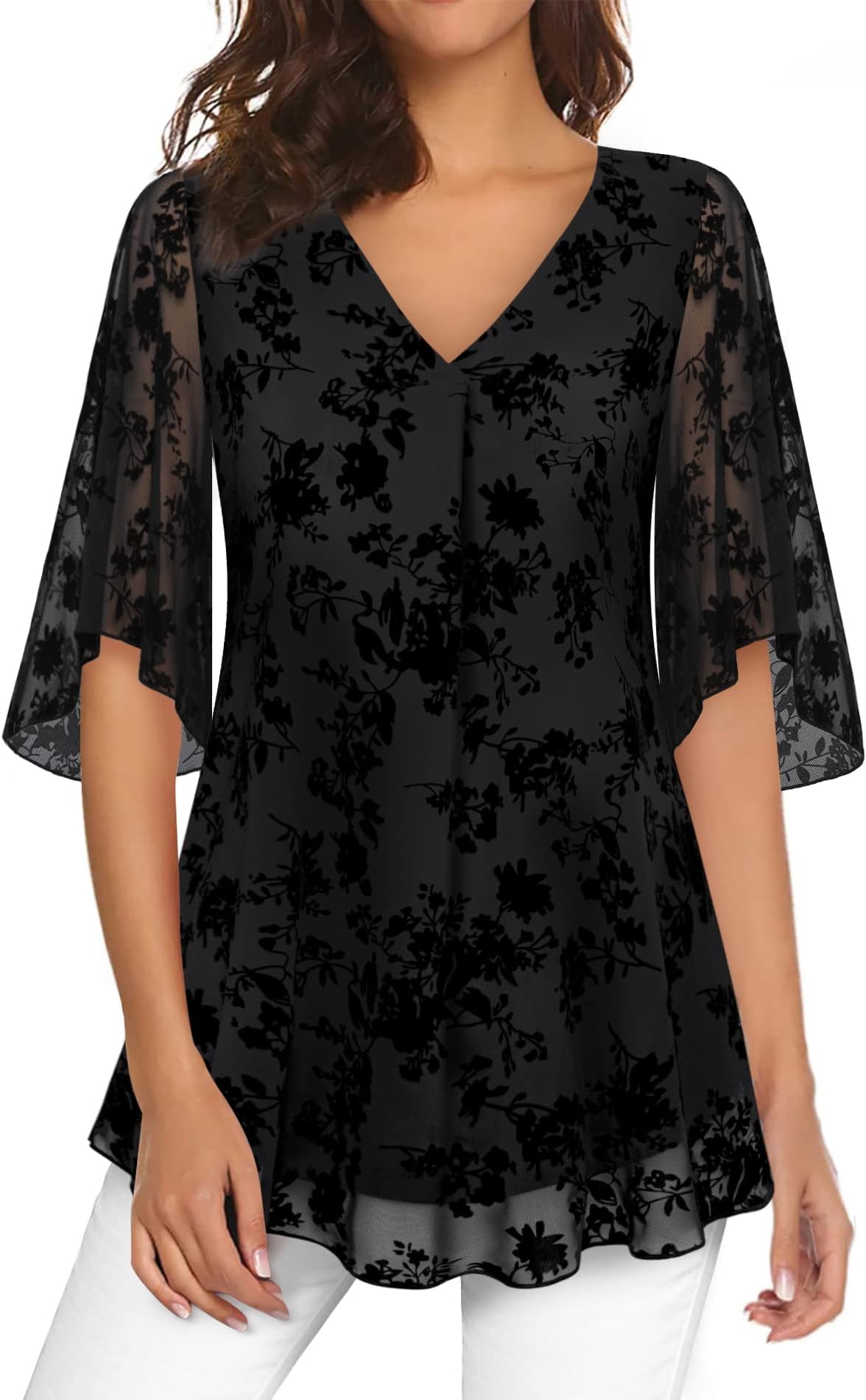 BebonnieWomens Bell Sleeve V Neck Floral Mesh Flowy Blouses Dressy Tops