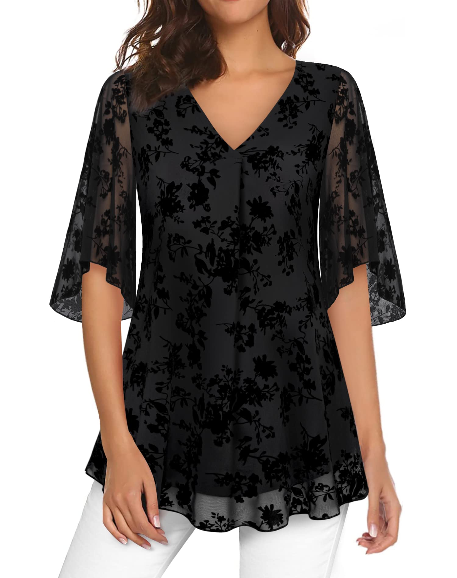 BebonnieWomens Bell Sleeve V Neck Floral Mesh Flowy Blouses Dressy Tops