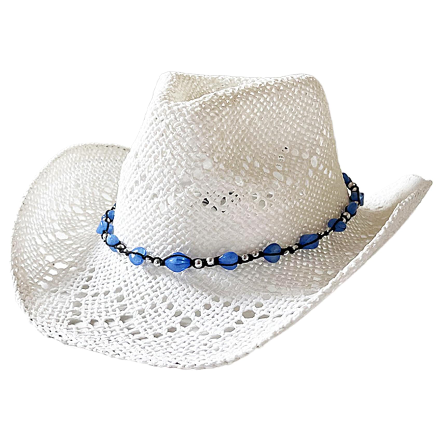 HoveeLuty Straw Cowboy Hat Wide Brim Hollow Straw Cowgirl Hat Beaded Breathable Beach with Curved Edge UV Protection Casual Stylish Western Sun for Outdoor, White Beach Bucket