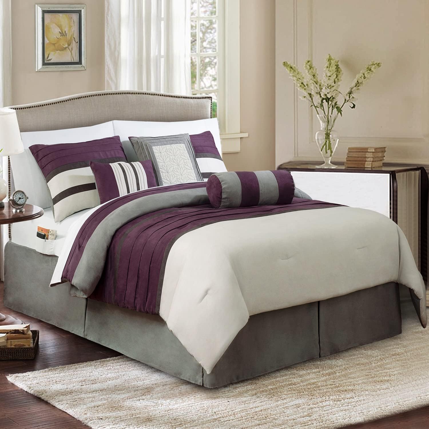 Elegant Comfort 12-Piece Bed-in-a-Bag, Cirena Microsuede Comforter Collection with 6-Piece Sheet Set, Smart Pockets and Decorative Pillows, All Season Bedding, 12PC Cirena, Queen, Purple