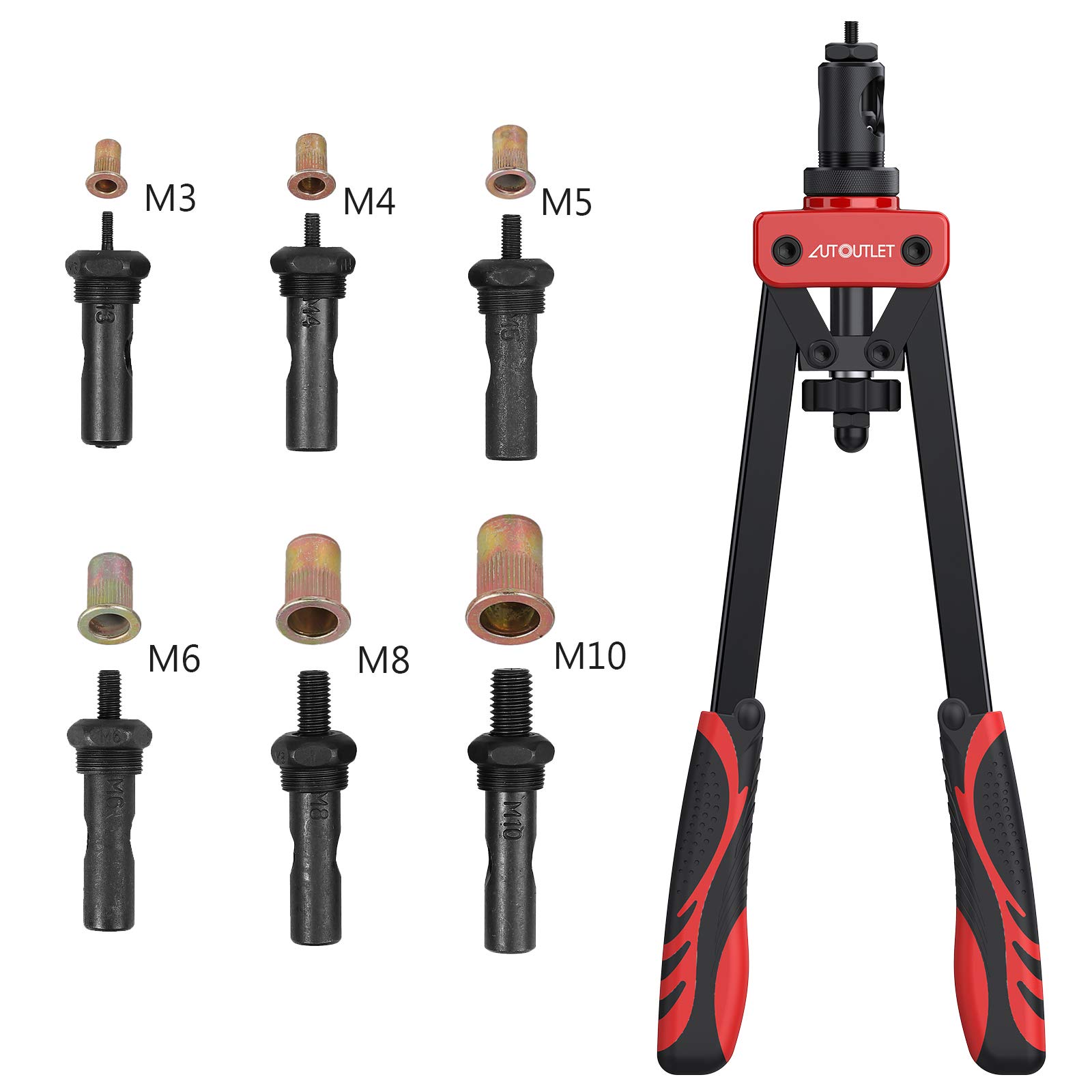AUTOUTLET Nietmutternzange Set, 14" Profi Nietzangen Nietmutterzange mit 6 Austauschbare Dorne M3 M4 M5 M6 M8 M10 und 150PCS Nietmuttern, Gewindenietzange Nietmaschine Nietmutter Zange Werkzeug(Rot)