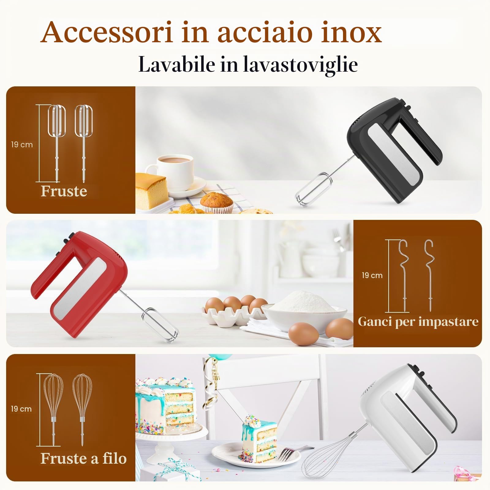 Miscelatore manuale elettrico a 5 velocità, miscelatore portatile da 800 W con turbo per cottura e cottura, miscelatore da cucina con custodia e 6 accessori in acciaio inossidabile (2 fruste, 2 ganci