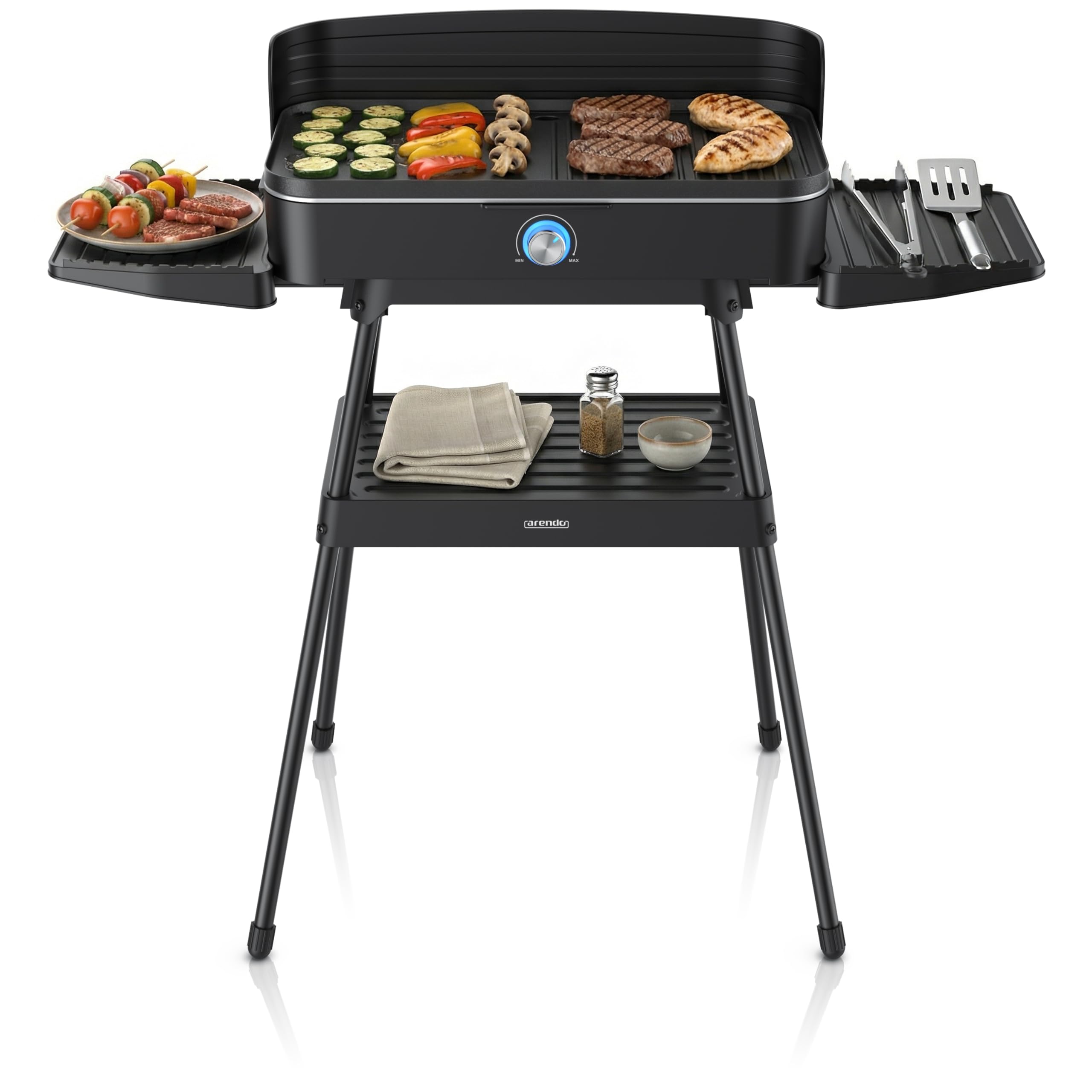 Arendo - Tischgrill Edelstahl, Elektrogrill mit Thermostat, Barbecue Standgrill 2200W, Electric Grill Geteilte Garflächen, Antihaft-Beschichtung, Standfuß mit Ablage, Spritzschutz, Für Balkon Terrasse
