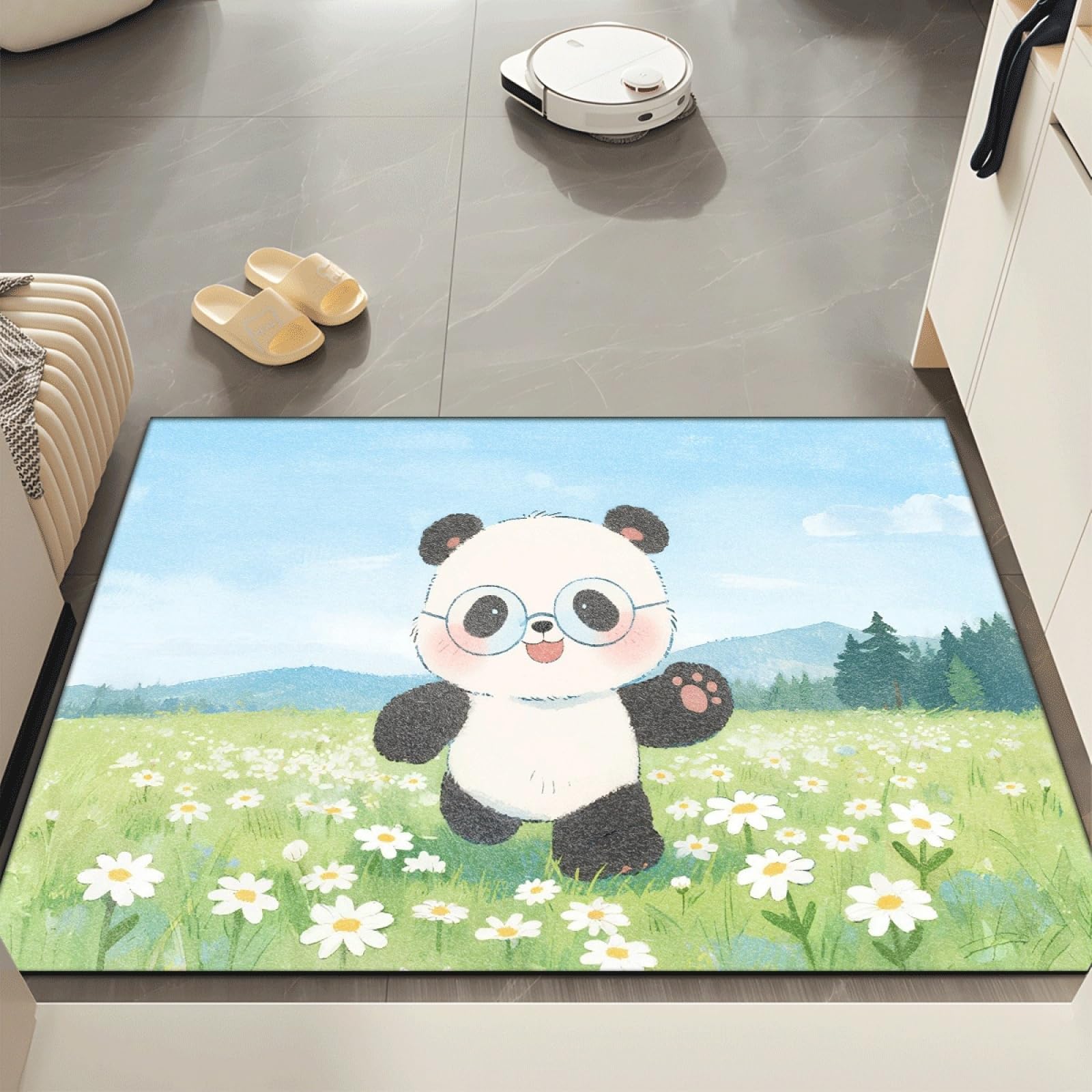 Tapis Entree Interieur Fleur De Panda Bleu Tapis D'entrée Facile à Nettoyer Antidérapant Lavable en Machine pour Chambre Cuisine Couloir Paillasson Interieur Exterieur 80x120 cm