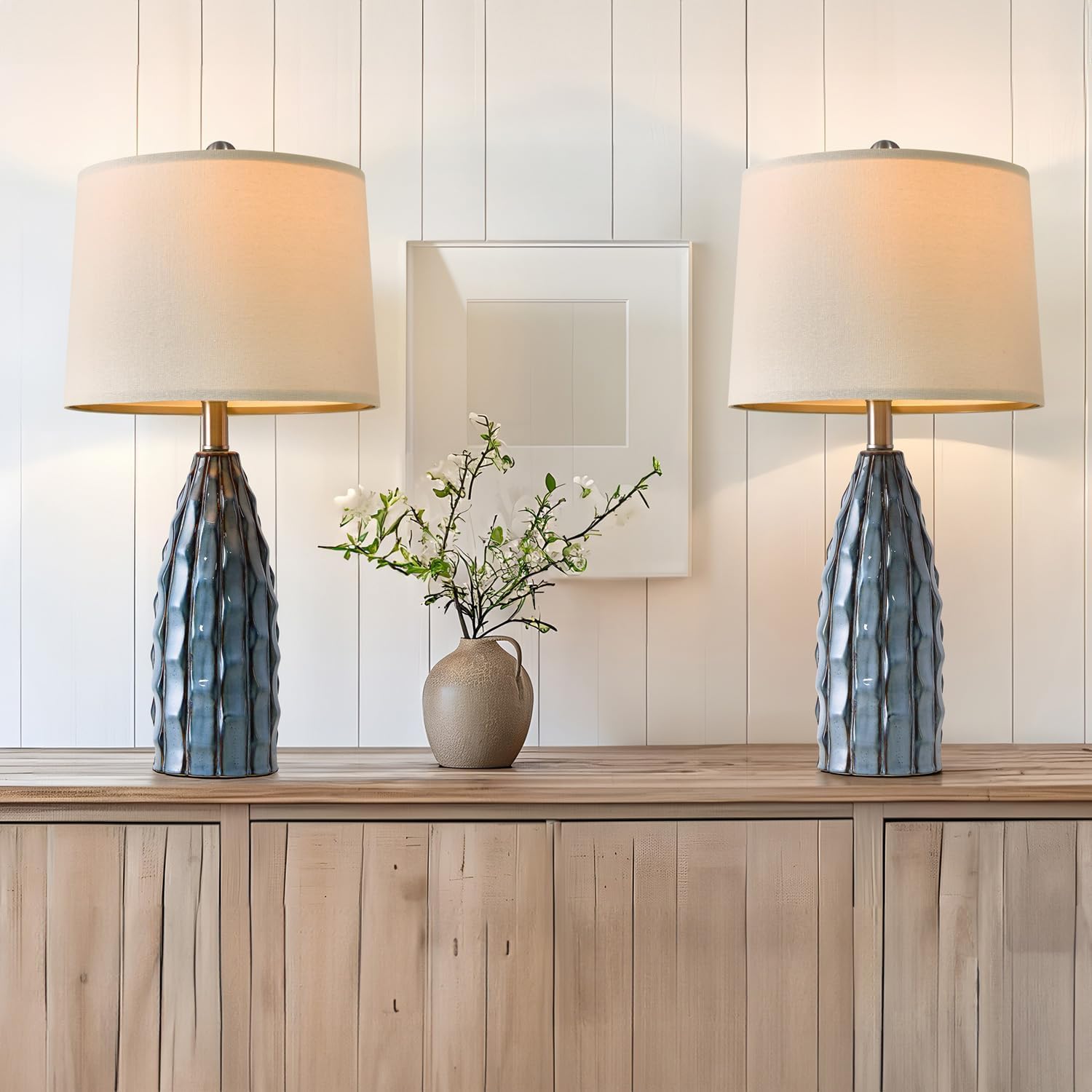 Ceramic Table Lamps Set of 2, 23.75" Modern Farmhouse Bedside Lamp - Blue Nightstand Lamps for Bedroom, Boho Living Room End Tables, Small Office Desk Lamp Decor