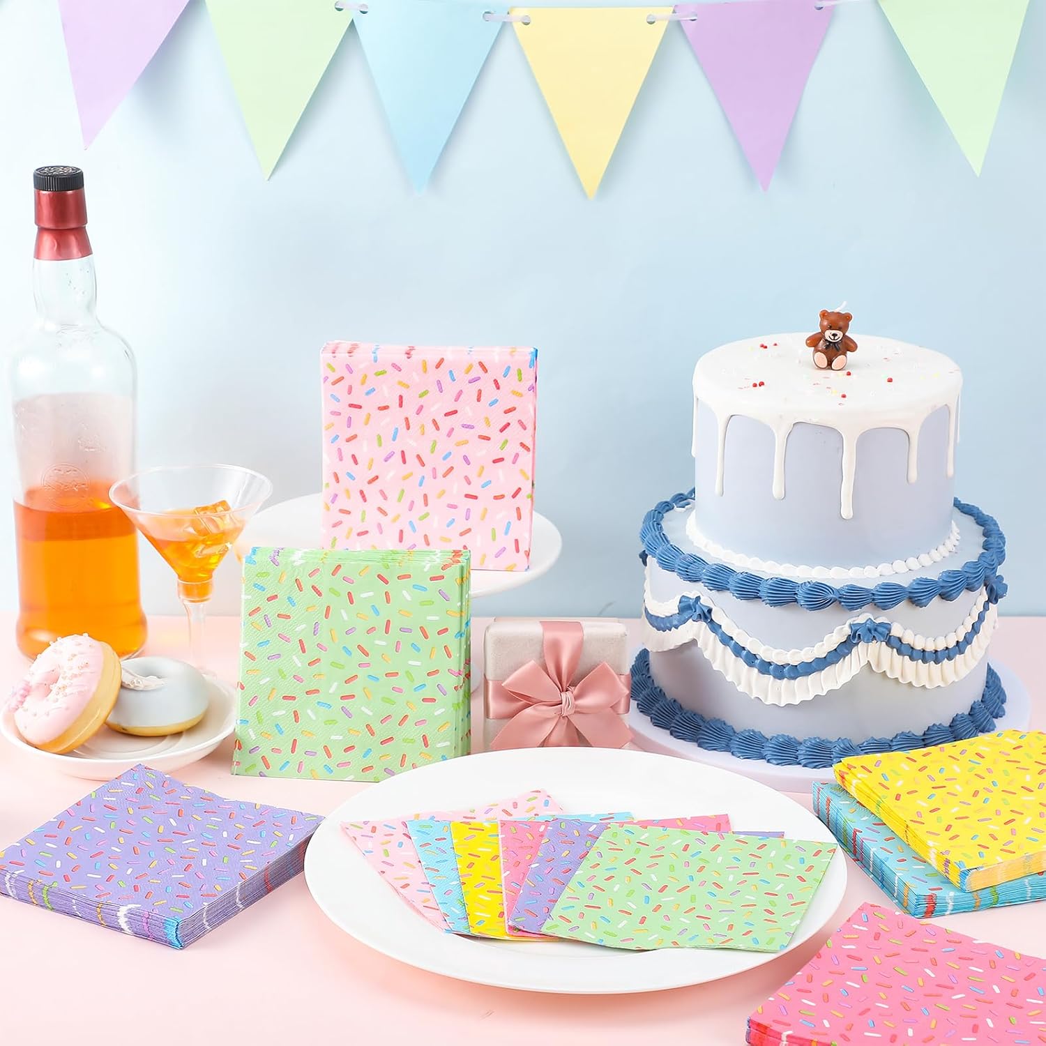 Crtiin 150 Pcs Colorful Donut Sprinkle Napkins 2 Ply Disposable Cocktail Napkins Paper Sprinkle Party Decorations for Baby Shower Birthday Ice Cream Party Supplies(Regular) - Image 4