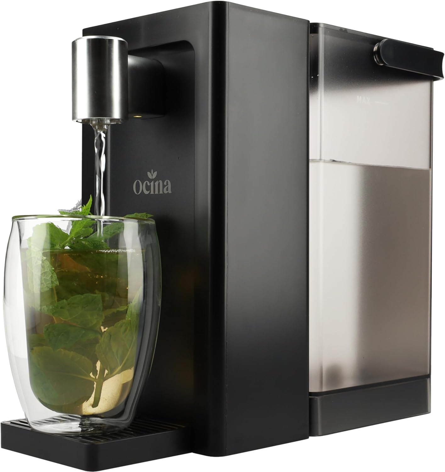 Ocina Hot Water Dispenser with a glass of mint tea being filled