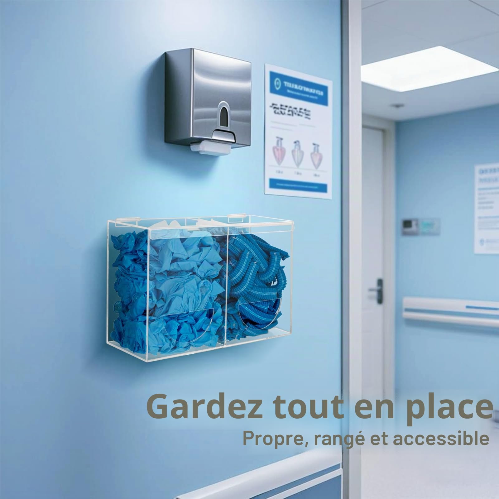Distributeur de Gants Jetables Mural 2 Niveaux, Distributeur Surchaussures et Charlottes Jetables, Boîte de Rangement en Acrylique Transparent Durable avec Couvercle Pour Laboratoires, Famille