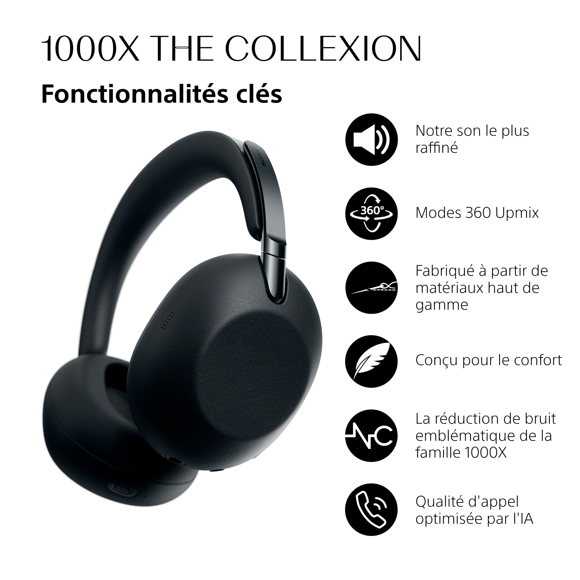 Casque Bluetooth sans fil de luxe SONY 1000X THE COLLEXION, son haute résolution de qualité studio, réduction de bruit haut de gamme, audio spatial 360°, étui résistant, compatible iOS et Android–Noir