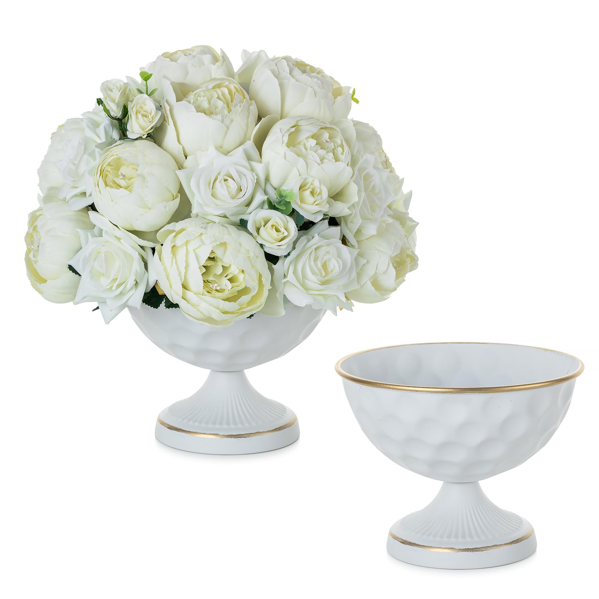 Sziqiqi Vase Weiß Kleine für Hochzeit: 15.5 cm Hoch Metall Urne Vasen Set of 2 - Blumentopf Weiss für Tischdeko - Vintage Blumenvase für Party Taufe Valentinstag