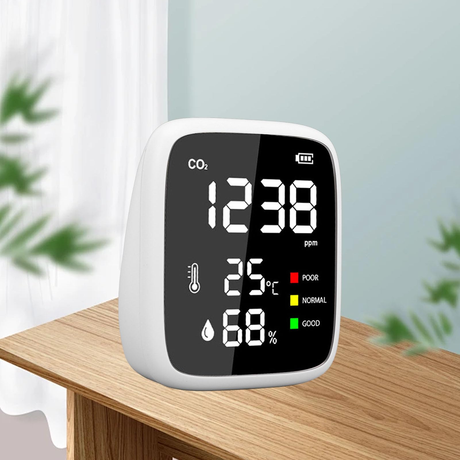 CO2-Detektor, Temperatur- und Luftfeuchtigkeitsmesser, Luftqualitätstester für Home-Office-Autos mit 3-stufiger CO2-Anzeige