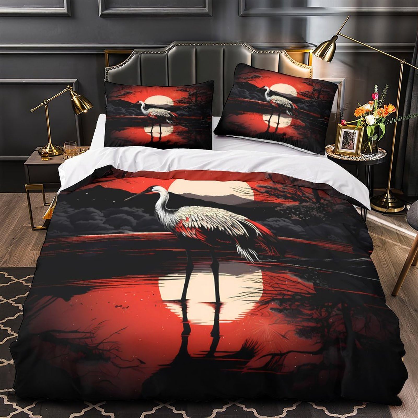 Housse de Couette Grue 3D 135x200cm en Microfibre pour Lit Adulte et Enfant