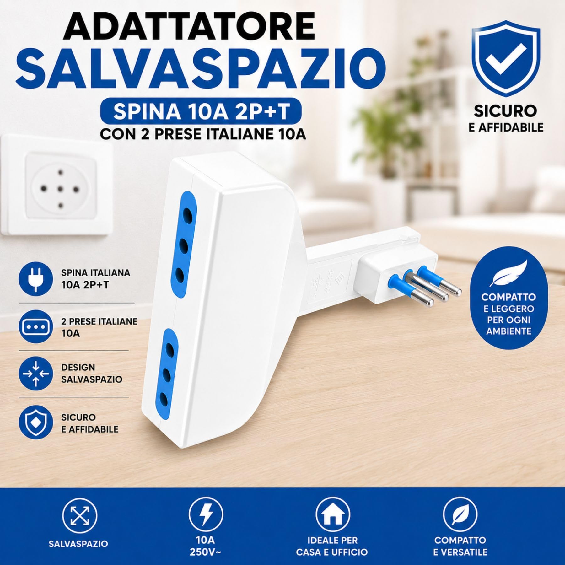 10 Pezzi Adattatore Salvaspazio Bianco, Spina 10A 2P+T con 2 Prese Italiane 10A, AC 220V Max 1500W