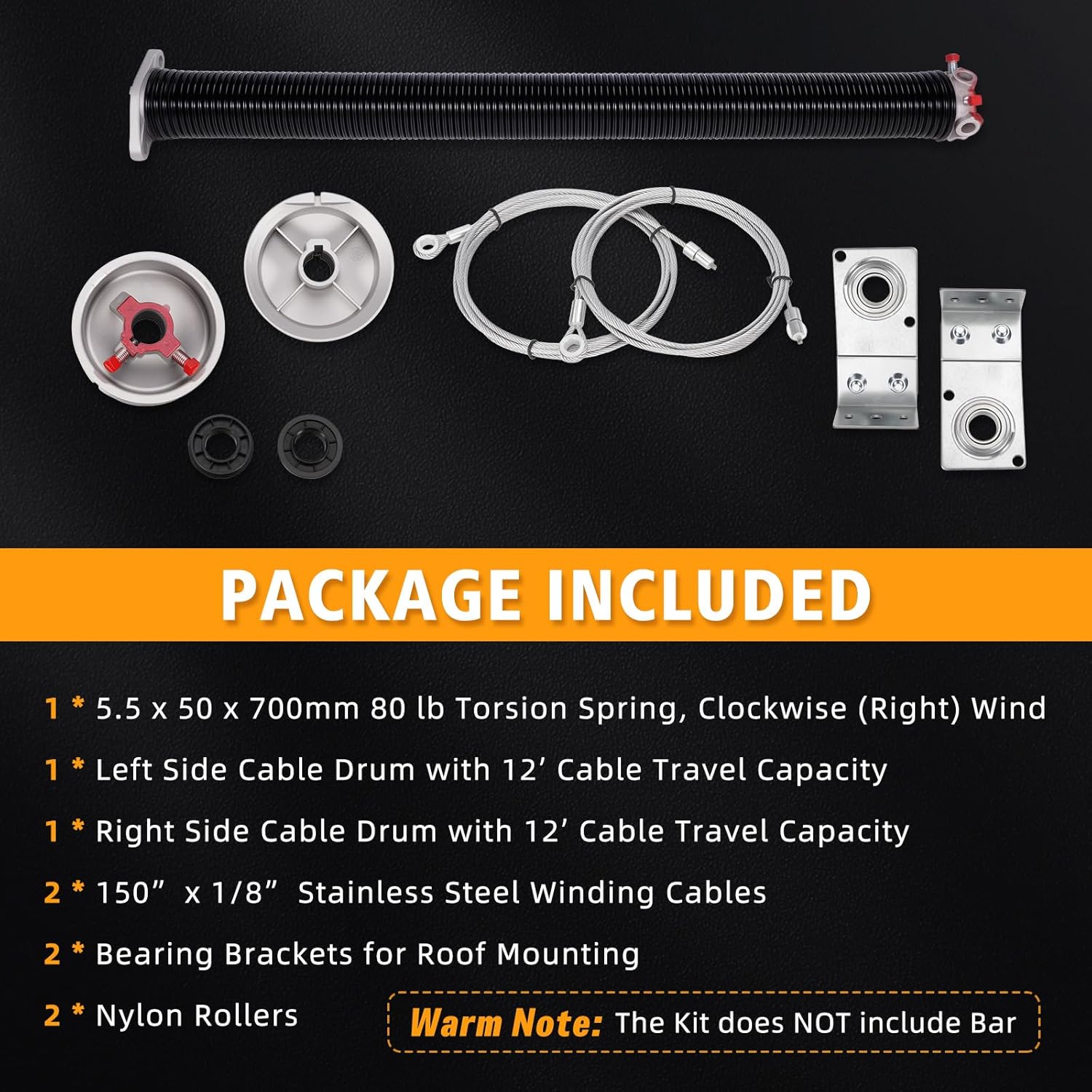 TSAP780 Ramp Door Spring Kit for 7' Wide Cargo Trailer - 80 lb Torsion Spring Repair Assembly with Cables and Drums - Replacement Rear Ramp Door Assist System for Cargo Enclosed Trailers - Image 2