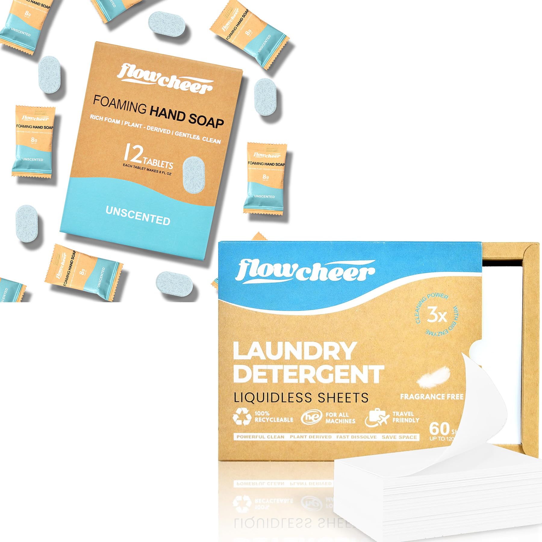 flowcheer Foaming Hand Soap Tablets Fragrance Free Refills-12 pack & Laundry Detergent Sheets, Unscented 60 Sheets for Travel & Home Washing