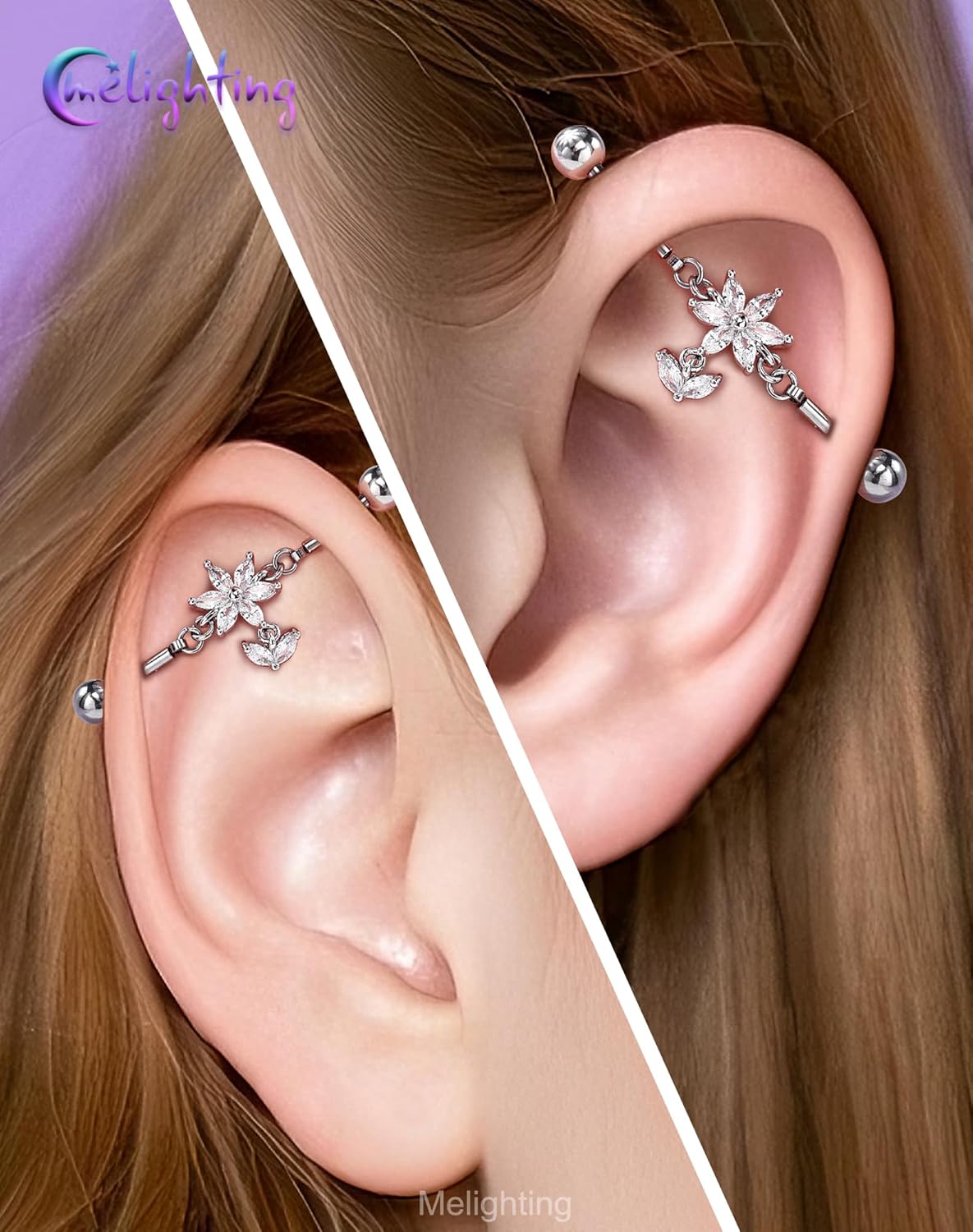 Melighting 14G Flower Industrial Piercing Jewelry, Dangle Industrial Bar Stainless Steel 316L, 38 mm Cartilage Helix Hoop Earring, Marquise CZ Lotus Body Piercing Ring for Women - Image 5