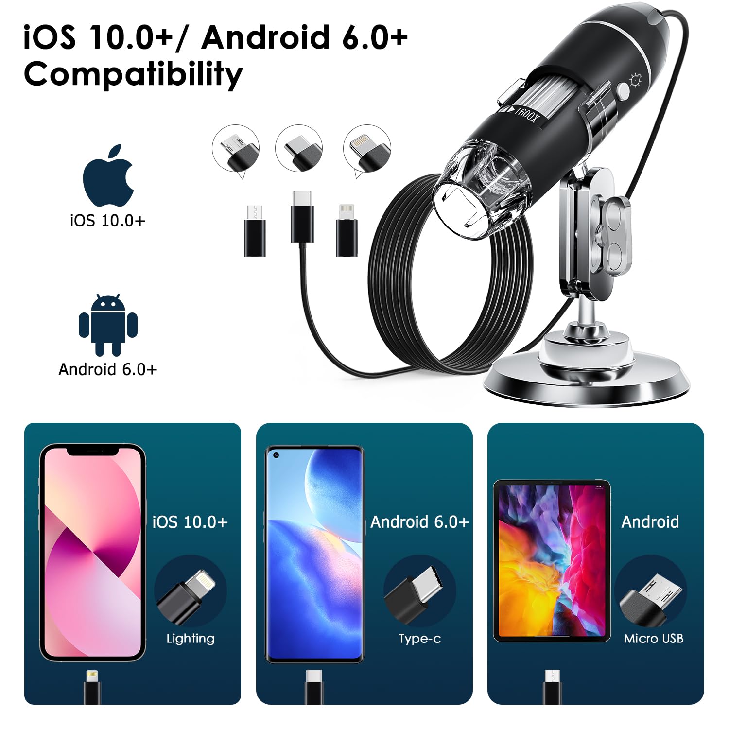Caméra Microscope numérique USB, caméra d'inspection HD portative SKYBASIC avec grossissement 50-1600x et Support réglable, 8 lumières LED, Compatible avec Les appareils iOS et Android