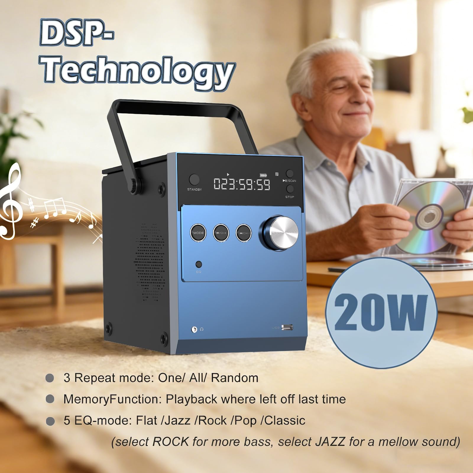20W Portable CD Player Boombox Bluetooth 5.3 FM Radio - Dettaglio