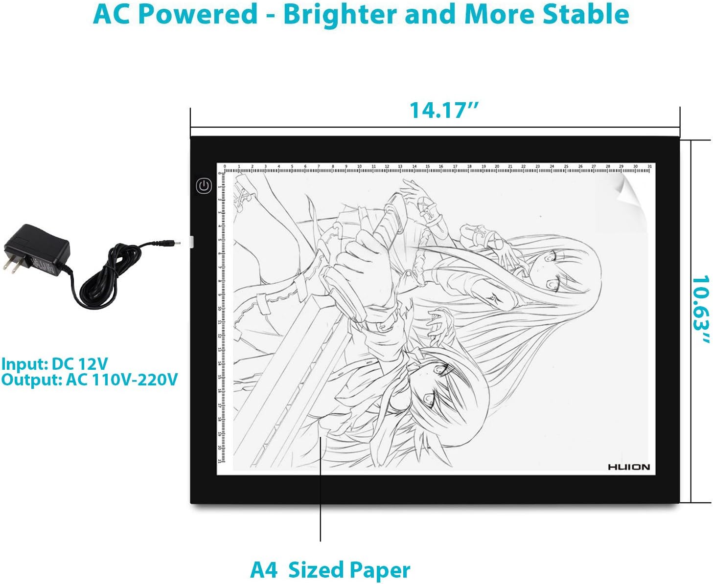 HUION A4 LED Light Pad Tracing Light Box Adjustable Brightness AC Powered - 12.2x8.27 Inch