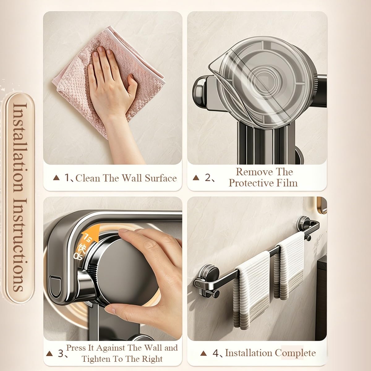 Saugnapf Handtuchhalter 90° Klappbar, Handtuchstange Ohne Bohren Aus Aluminium, Abnehmbare Einzelstange Mit Zwei Haken Für Badezimmer Dusche Küche Wohnmobil Wandmontage(Weiß,80cm/2.6ft)
