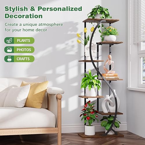 Miniatura 5 de Soporte alto para plantas de 59" con luz de crecimiento para interior, estante de metal de 7 niveles, soporte de exhibición de flores en forma de S,