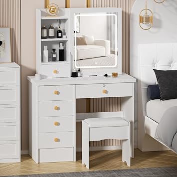 Makeup Vanity Desk Set,White Vanity Table with Mirror and Lights Vanity Desk with Sliding Mirror 6 Drawers & Storage Shelves Brightness Adjustable Makeup Table with Stool White