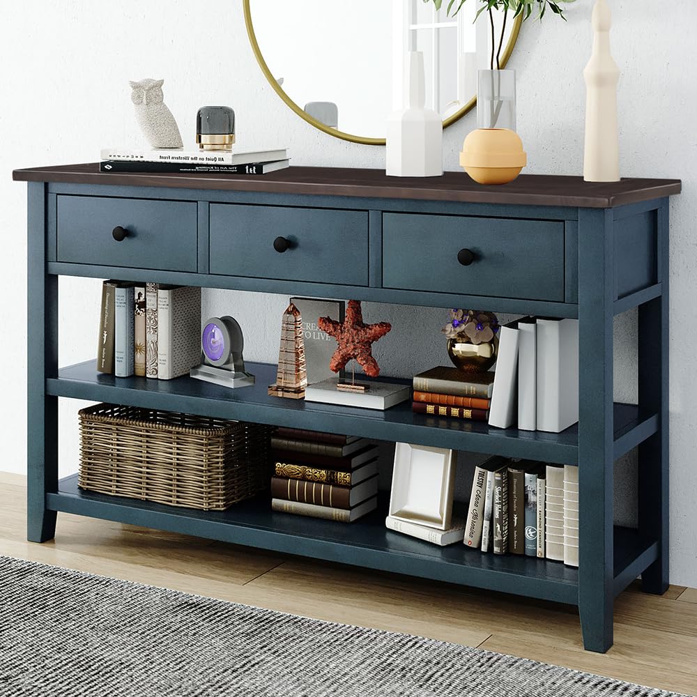 P PURLOVE Farmhouse Console Table with 3 Drawers,Solid Wood Entryway Sofa Table with Shelf for Entryway Hallway,Navy