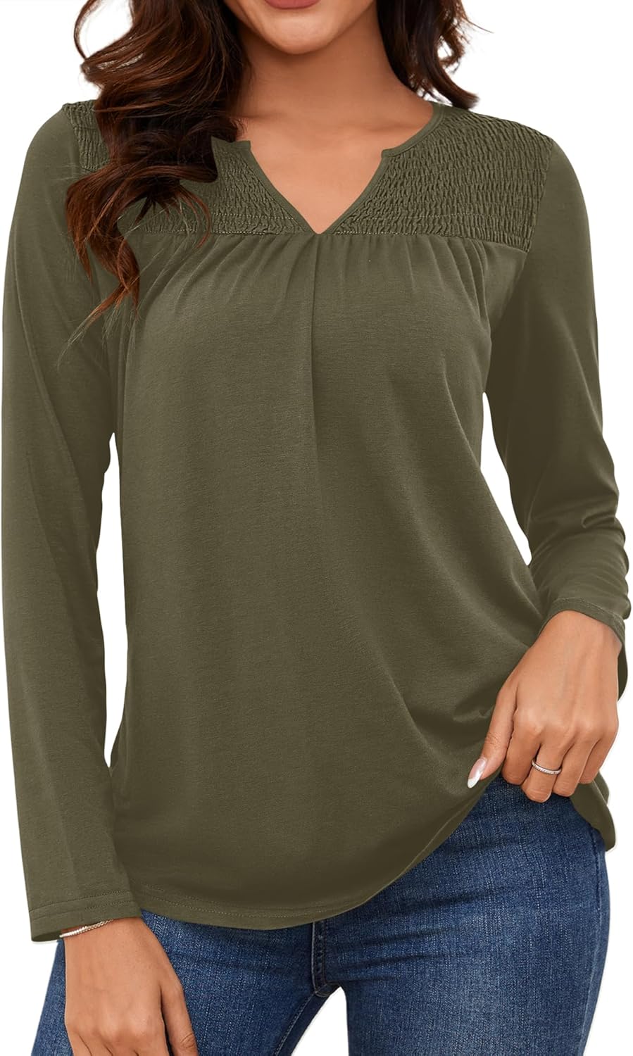 LOMON Women’s Casual Shirred V Neck Tops Smocked Long Sleeve Shirts for Women Fall Loose Pleated Tunic Blouses