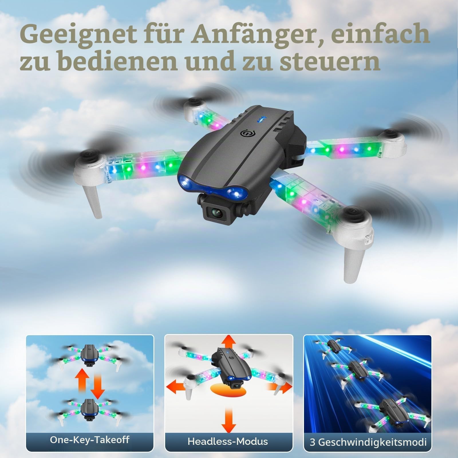 OBEST Drohne mit Kamera 1080P mit LED Lichter für Erwachsene RC FPV Drone | Faltbar Quadcopter mit WiFi Übertragung, One Key Start/Landen, 3D Flips, 2 Akkus, Spielzeug Geschenke für Jungen Mädch