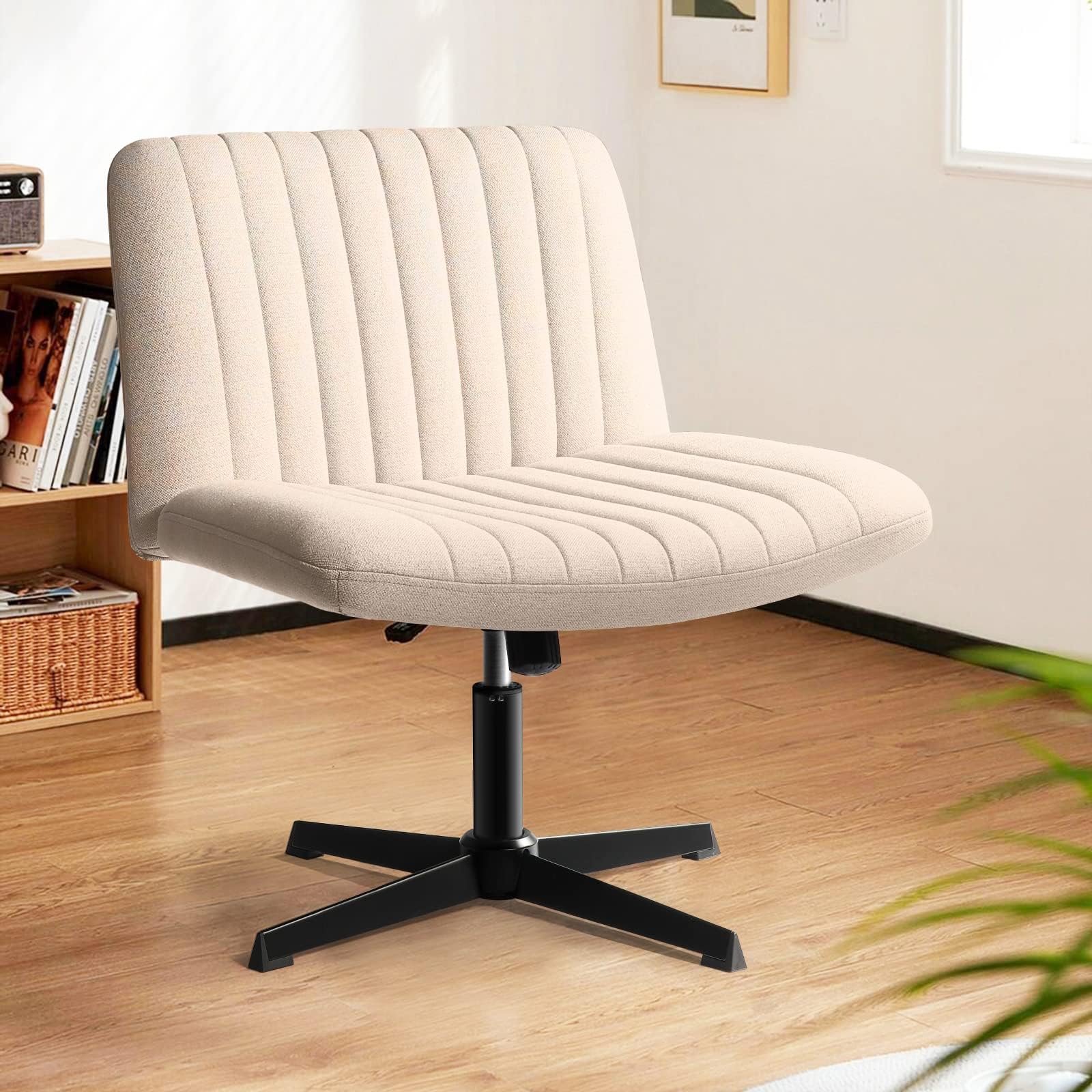 Fabric Padded Desk Chair No Wheels, Armless Wide Swivel,120° Rocking Mid Back Ergonomic Computer Task Vanity Chairs for Office, Home, Make Up,Small Space, Bed Room,Beige