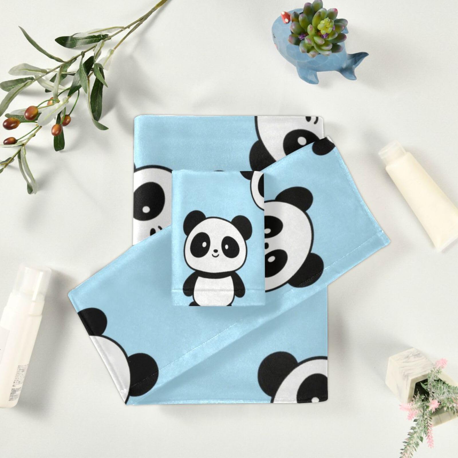 Kreskówka Panda Niebieskie Ręczniki Do Twarzy Z Mikrofibry Zestaw 3 Sztuk, 1 Ręcznik Kąpielowy 1 Ręcznik Do Rąk 1 Ściereczka Do Twarzy Ciała Łazienka
