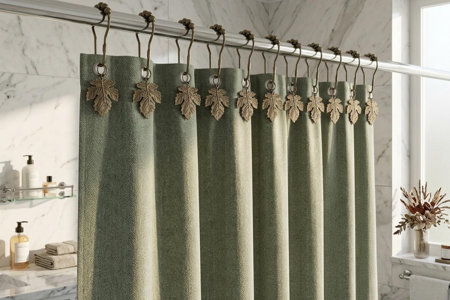 12Pcs Leaf Shower Curtain Hooks for Bathroom Rod, Bronze
