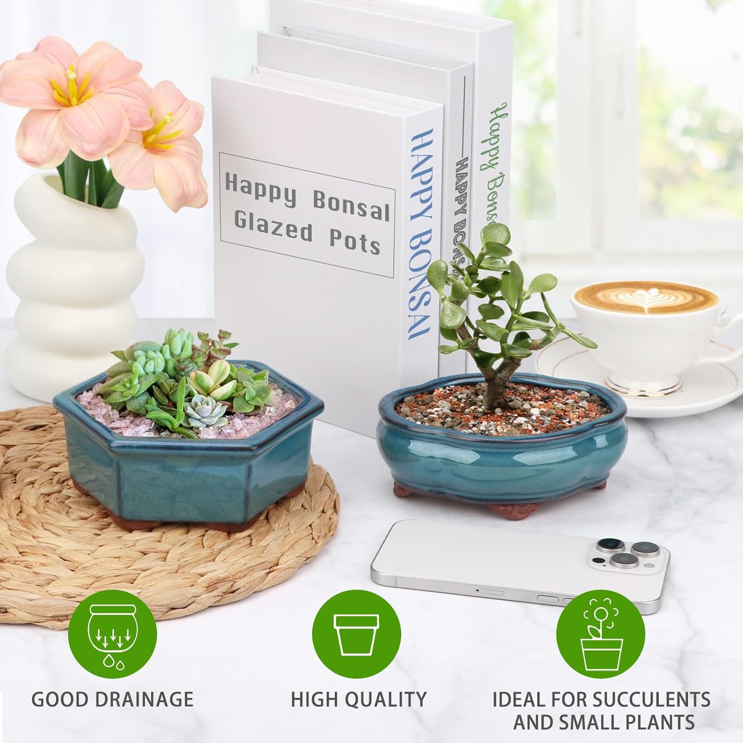 Bonsai Planter 5.7" 6" Small Succulent Glazed Pots Set of 2 + 6 Soft Mesh Drainage Screens