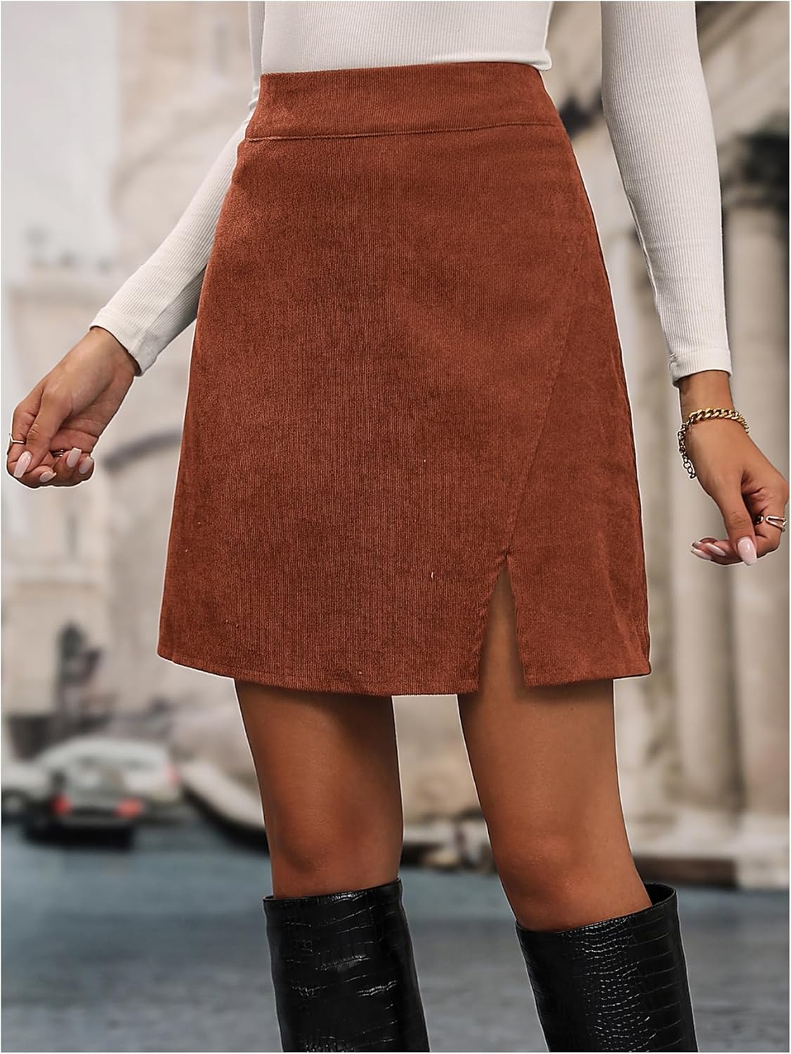 SHENHE Women's Solid Color High Waist Split Hem Fall Corduroy Mini Skirt - Image 3