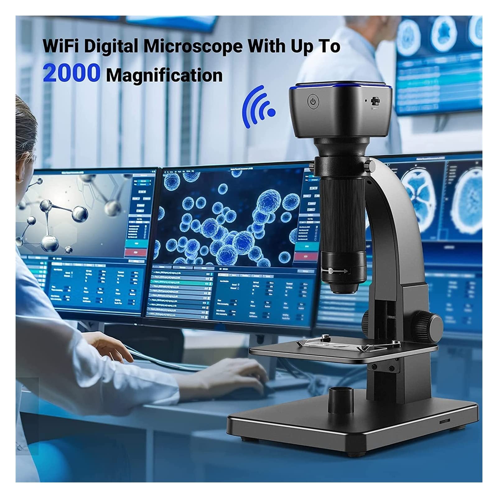 Microscopio Digital, 2000X Microscopio Digital Biológico WiFi USB con Lente Digital y microbiana 11 Ajustable. LED